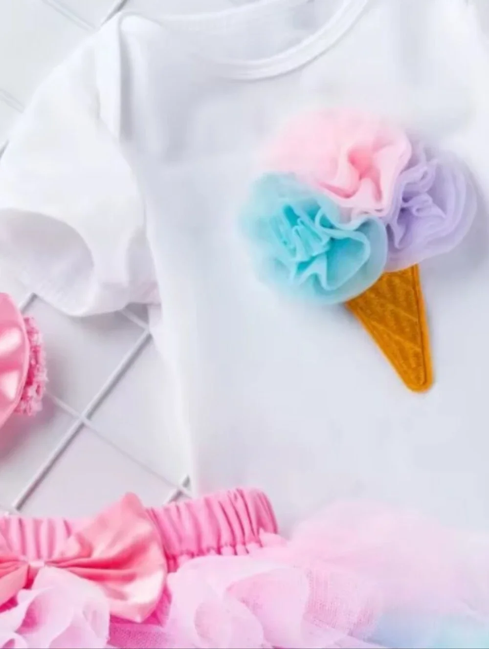 Rainbow Tutu Baby Set with Ice Cream Bodysuit and Bow